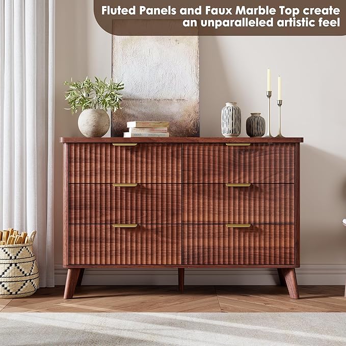 Garvee 6 Drawers Dresser for Bedroom, 47.2" Wide Dressers with Curved Profile Design, Fluted Wood Drawers with Gold Handle, Modern Chest of Dressers with Thickened Design for Living Room, Walnut