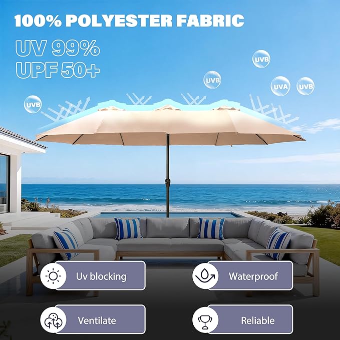 Ayge 15ft Large Outdoor Patio Umbrella with Table & Base - Double-Layer UV Resistant Fabric, Easy Crank Handle for Pool, Garden & Lawn