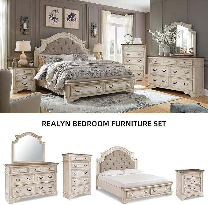 Signature Design by Ashley Realyn Vintage Smooth-Gliding 7-Drawer Dresser and Mirror with Safety Stop, White & Light Brown