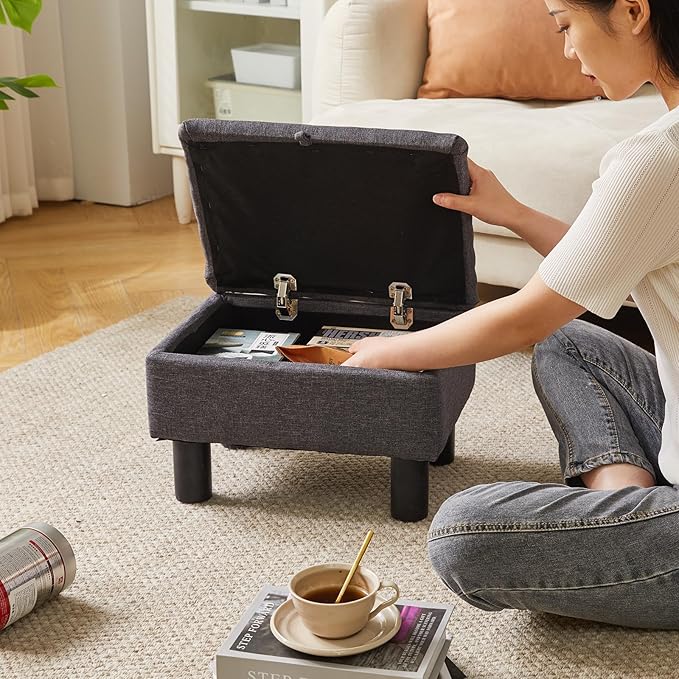 Small Foot Stool Ottoman with Storage, Linen Foot Rest with Wood Legs Safety Hinge Flip Top, Bedside Step Stool Rectangle 16x12x9.5inch for Living Room Bedroom Dark Gray YD-JD1363