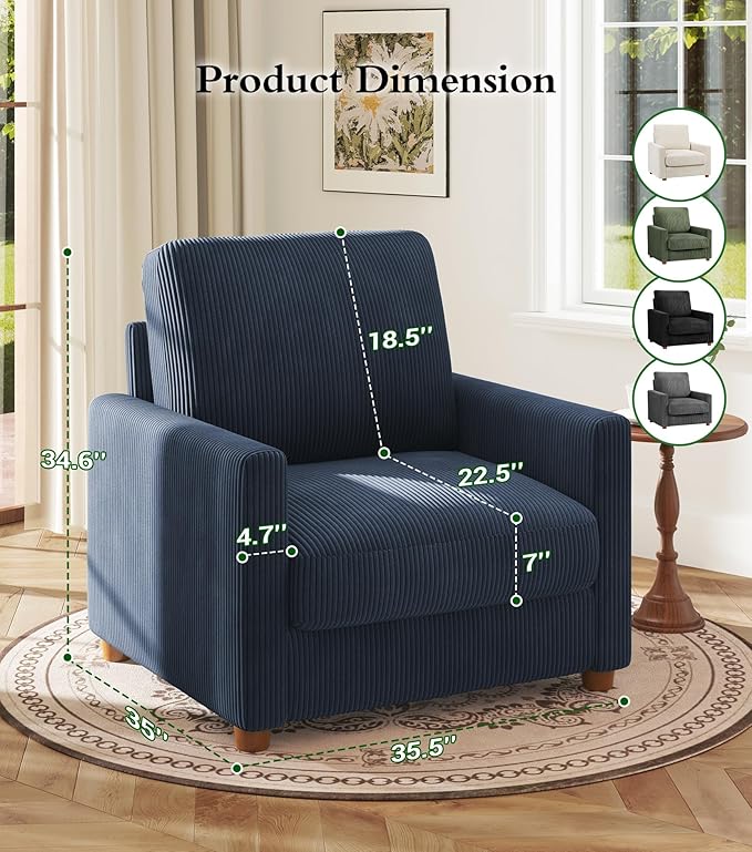 Kidirect 35.5in Oversized Accent Chair, Easy to Assemble Living Room Chairs, Corduroy Reading Chair for Bedroom, 22.5in Deeper Seats Accent Chairs for Living Room, Comfy Armchair Reading Nook, Blue