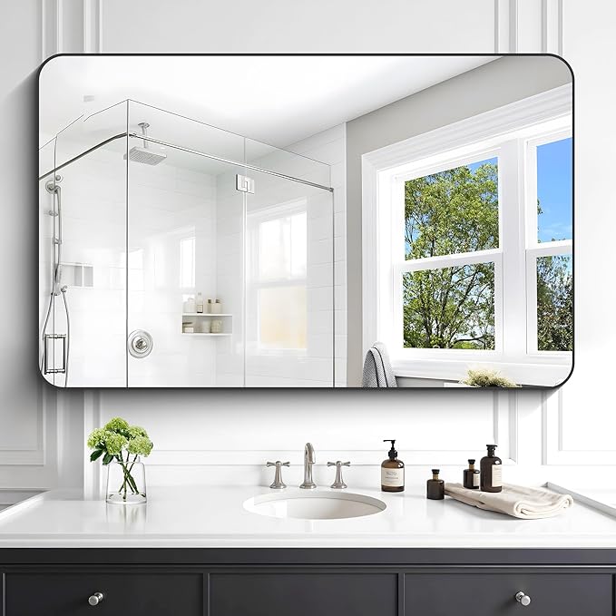 KOCUUY Black Mirror, 30x48 Inch Rectangle Bathroom Mirror with HD Tempered Glass, Anti-Rust Frame, Vanity Mirror with Rounded Corner for Bathroom, Living Room, Entryway, Hang Horizontal/Vertical
