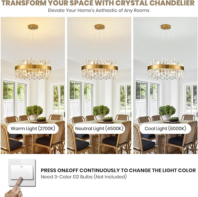 CROSSIO Modern Crystal Chandelier, 12 Lights Luxury Gold Round 2-Tiers K9 Crystal Raindrop Chandelier, Dimmable Crystal Ceiling Light for Dining Room Living Room Kitchen Entryway Foyer D19.7''