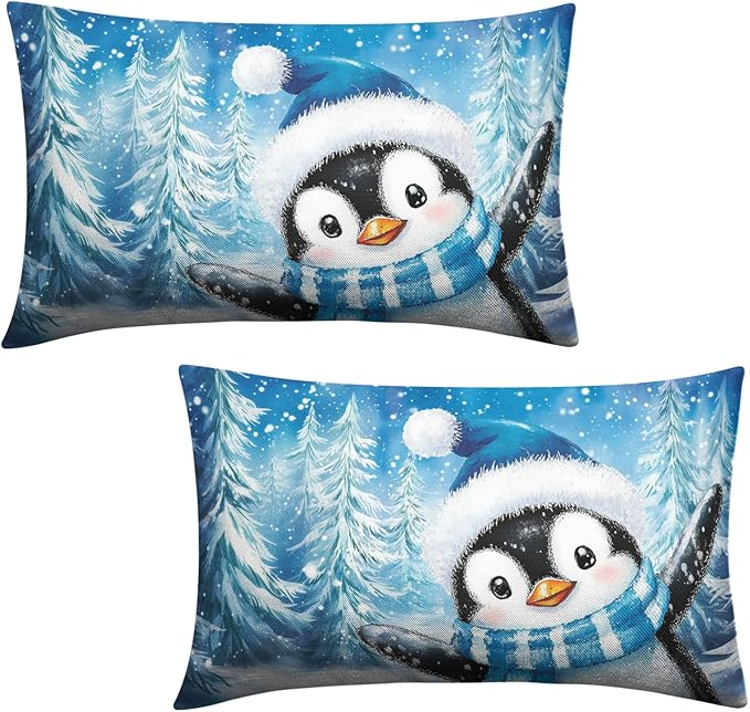 Winter Blue Outdoor Pillow Covers 12x20 Set of 2 Christmas Penguin Snowflake Lumbar Throw Pillow Covers Xmas Winter Holiday Rectangle Pillow Cases for Farmhouse Living Room Decor