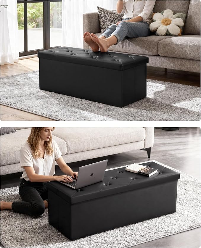 GLAXYFUR Storage Ottoman Bench, 43 Inches Folding Ottoman with 2 Dividers, PU Leather Foot Rest, End of Bed Bench, Storage Chest for Living Room, Bedroom and Entryway, Black