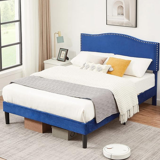 VECELO Queen Bed Frame Platform Bed Frame with Upholstered Headboard, Strong Frame and Wooden Slats Support, Strong Weight Capacity, Non-Slip and Noise-Free, Easy Assembly,Dark Blue