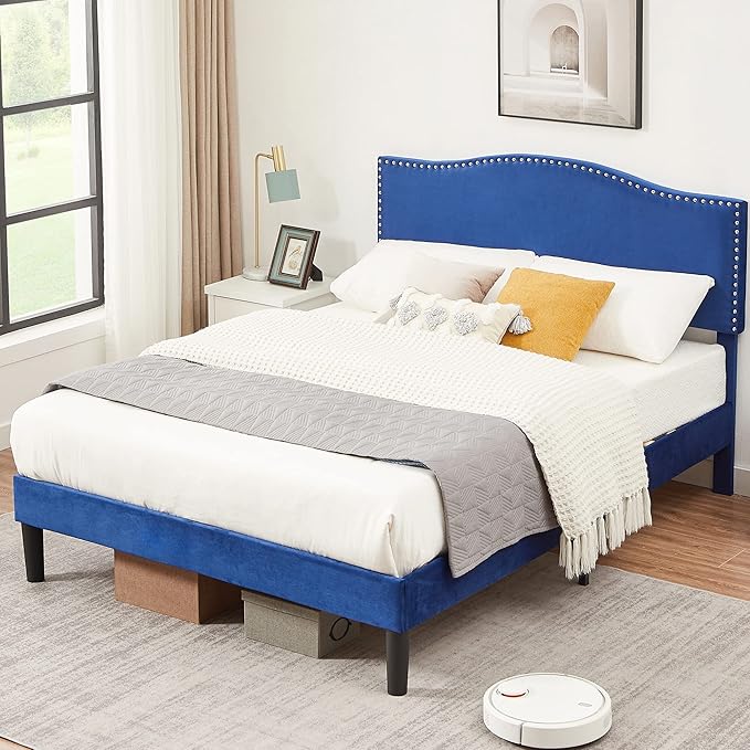 VECELO Queen Bed Frame, Platform Bed Frame with Adjustable Height Upholstered Headboard, Heavy-Duty Frames and Strong Wooden Slats Support, Non-Slip and Noise-Free, Easy Assembly, Dark Blue