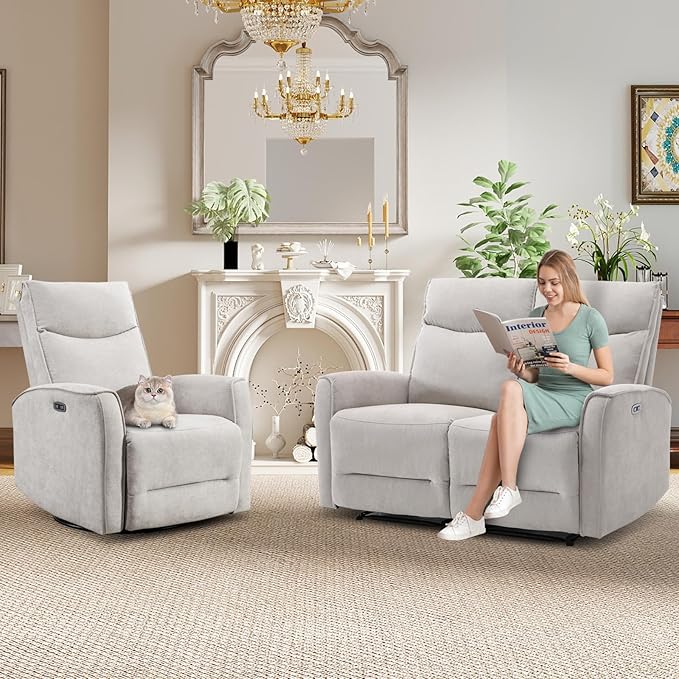 ANJ 2 Pieces Recliner Sofa Furniture Set,Include Power Swivel Recliner Chair with USB Port and 2-Seater Loveseat Reclining Couch for Living Room,Light Grey