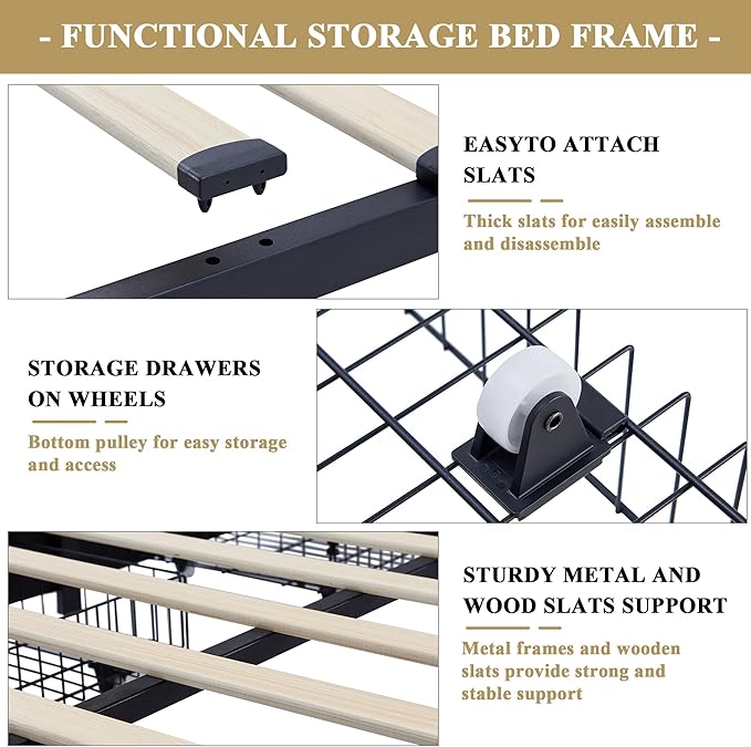 VECELO Full Size Upholstered Platform Bed Frame with 4 Storage Drawers, Adjustable Velvet Rivets Headboard, Wooden Slats Support, No Box Spring Needed, Easy Assembly