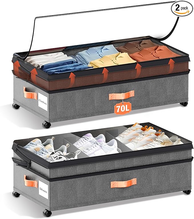 Under Bed Storage with Wheels - 2Pack 70L UnderBed Storage Containers with Clear Lid & Label, Rolling Under Bed Storage Bins for Clothes, Shoes, Blankets (XXL,Grey)