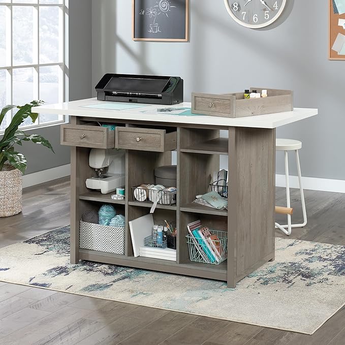 Sauder Craft Pro Series Durable Craft Work Table with Storage/Pantry cabinets, Mystic Oak Finish