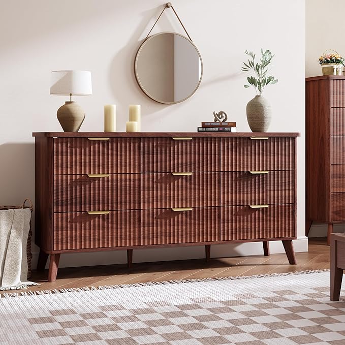 Garvee 9 Drawers Dresser for Bedroom, 60.6" Wide Dressers with Curved Profile Design, Fluted Wood Drawers with Gold Handle, Modern Chest of Dressers with Thickened Design for Living Room, Walnut