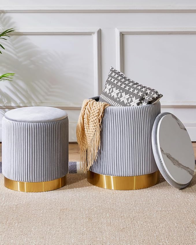 IBUYKE Round Storage Ottoman Set of 2 Ottoman for Dorm Vanity Stool with Storage Velvet FootStools End Table Boucle Ottoman for Home Organization Gray UWBD016G