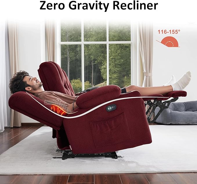 MCombo Zero Gravity 3 Seater Power Reclining Sofa with Heat and Vibration Massage, Recliner Couch for Living Room, Fabric 6035SET (Burgundy, 3 Seater)