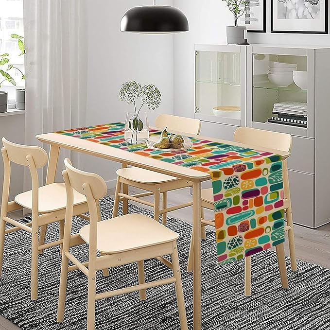 Mid Century Geometry Table Runner Colorful Rectangle Bohemia Abstract Geometry Pattern for Home Kitchen Table Decor Dining Coffee Room Party Decor 13x60in