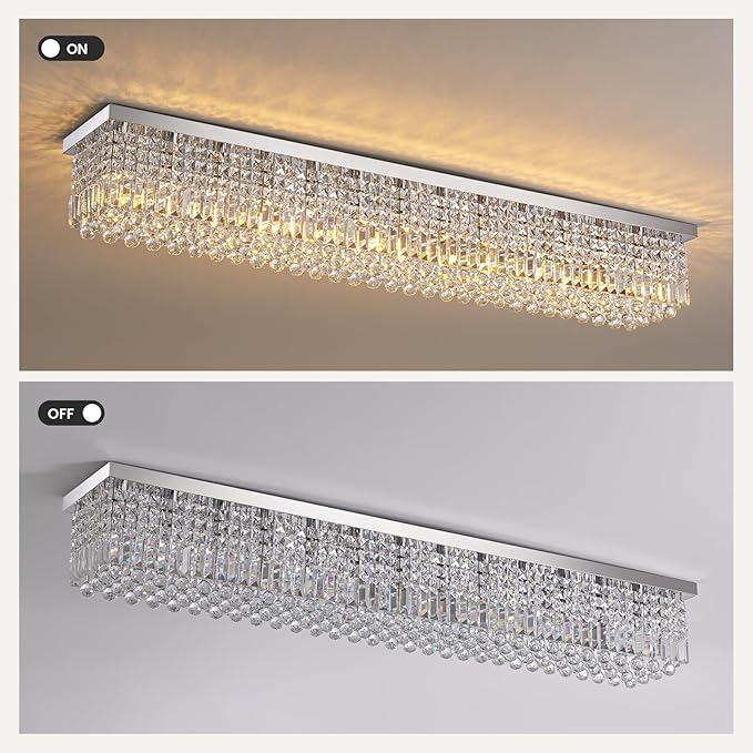 7PM Rectangular Chandelier, Modern Dining Room Light Fixture with Raindrop Chandelier Crystals, 13-Light Flush Mount Rectangle Chandelier for Dining Room Kitchen,Chrome Finish L59'' x W10'' x H9''