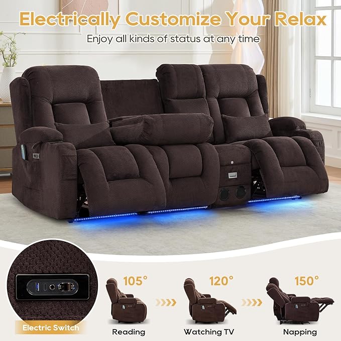 IPKIG Power Recliner Sofa with Flip-Up Backrest Console, USB & USB-C Ports, AC Outlet, LED Lights, Wall Hugger Recliners for Living Room, RV (Dark Brown, 89" - 4 Seat) | Velvet Fabric, Zero Gravity, Dual Reclining, 2 Lumabr Pillow, Bluetooth Speakers