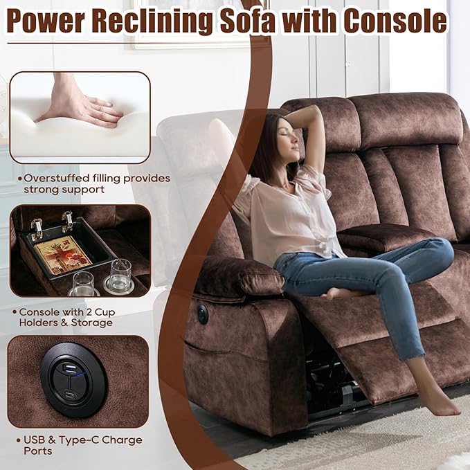GUEAPY Power Reclining Loveseat with Heat & Massage,Love Seat Reclining Sofa with Console, Cup Holders, USB & Type-C Ports, Storge, 2 Seat Couches for Living Room, Apartment, RV or Office (Brown)