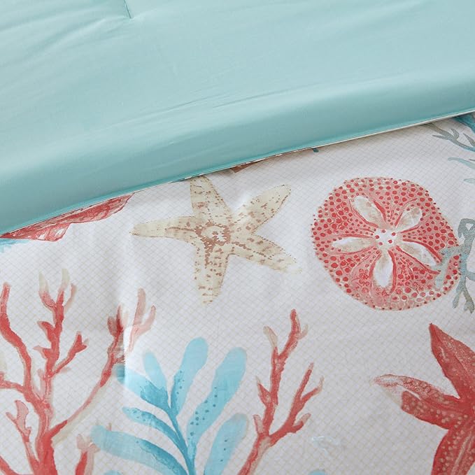 Madison Park 100% Cotton Comforter Set - Coastal Coral, Starfish Design All Season Down Alternative Cozy Bedding with Matching Shams, Decorative Pillow, California King(104"x92"), Teal 7 Piece