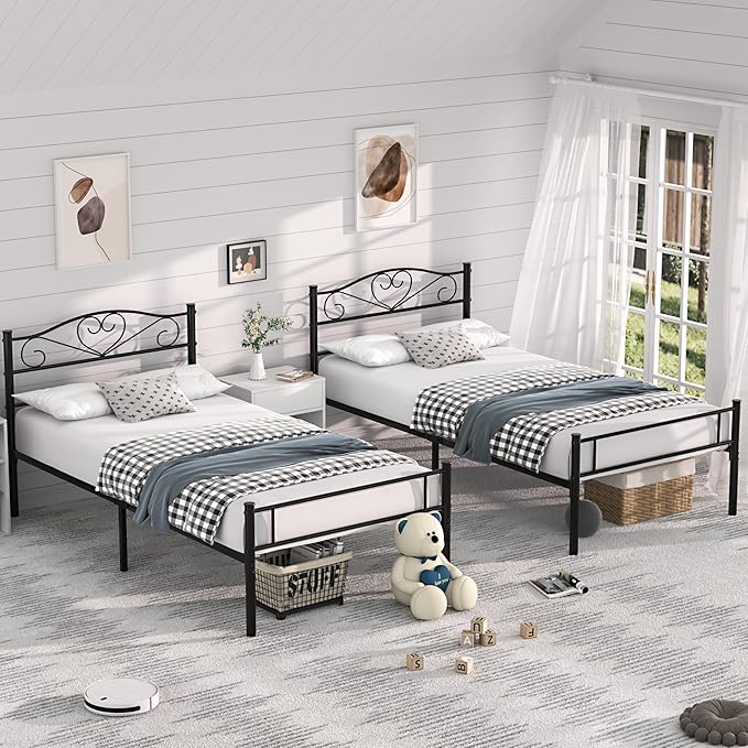 VECELO Twin Size Bed Frames with Headboard and Footboard, Metal Mattress Foundation, No Box Spring Needed, Heavy Duty/Easy Set Up, 2 PCS, Classic Black