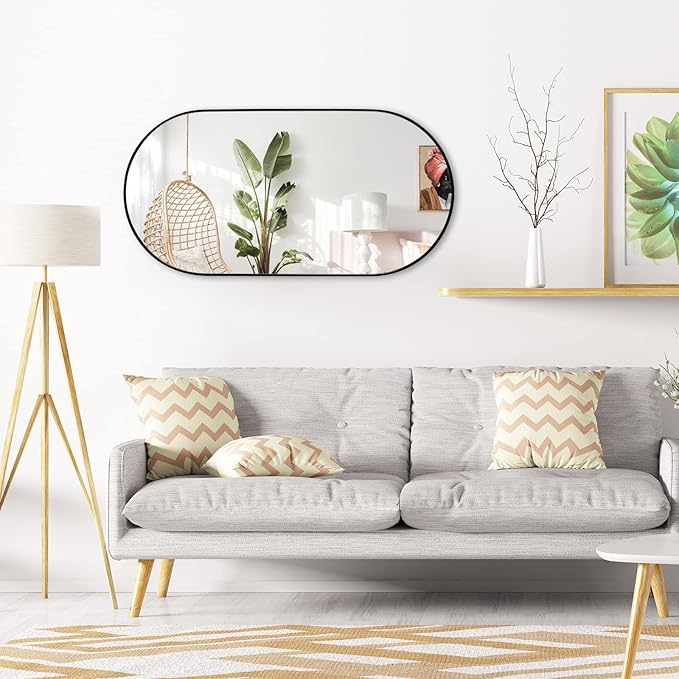 Muzilife Oval Wall Mirror for Bathroom, 20" x40'' Capsule Mirror Vanity Wall Mirror with Metal Frame, Hang Horizontally or Vertically for Entryway, Living Room, Bathroom, Black