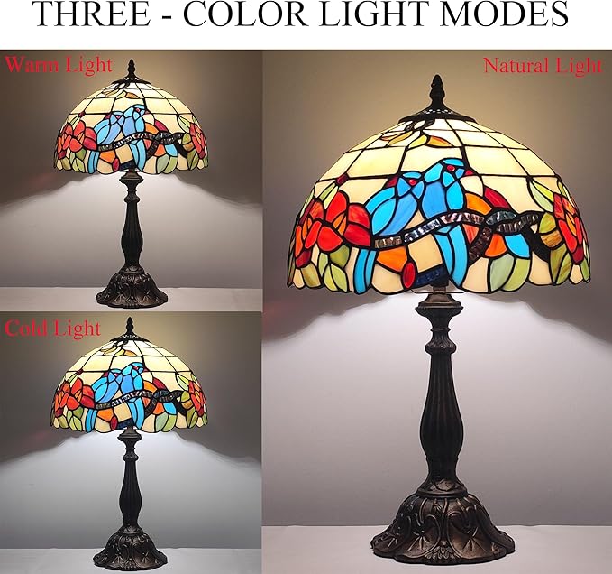 Tiffany 3-Color Stained Glass Lamp - Vintage Beside Reading Lamp, 12 inch Living Room Light, Flowers Style Antique Nightstand Light (Brids Flowers)