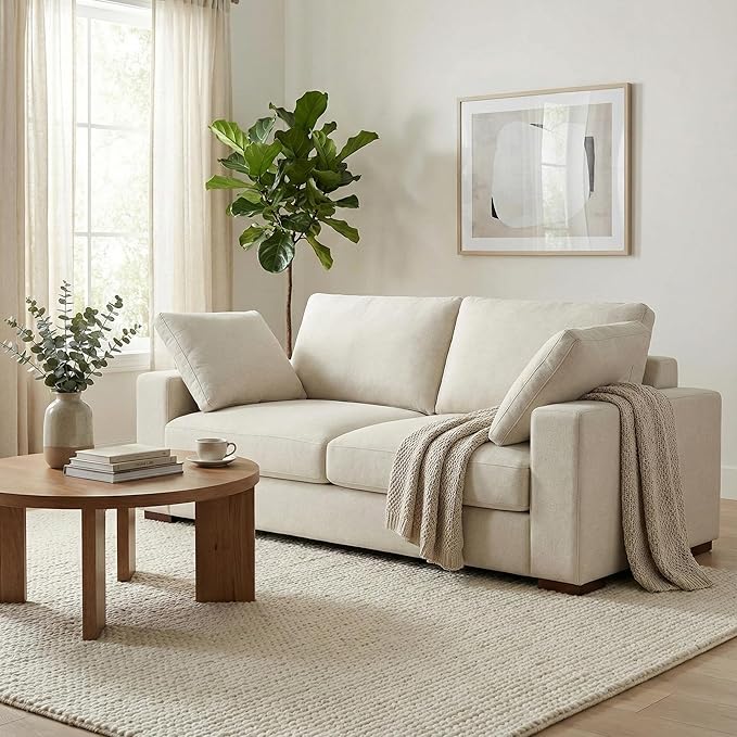 SIMPLIHOME Charlie Sofa in 100% Recycled Polyester Tightly Woven Performance Fabric, Cream, 78-inches Wide, Handcrafted Contemporary Style Loveseat Sofa or Couch for Living Room