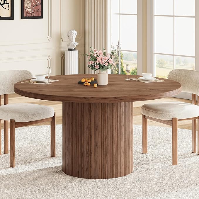 Round Kitchen Dining Table for 4-6 People, 47 inch Mid-Century Circle Dinner Tables, Rustic Wood Base in Fluted Design, Space Saving Dining Room Furniture, Large Table Only for Family Party, Walnut