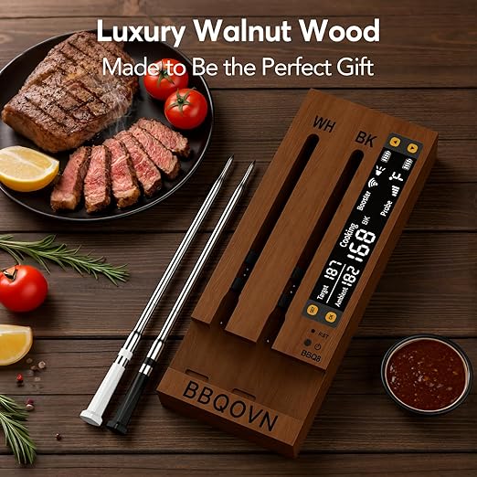 (Luxury Walnut Wood) WiFi Sub-1G Wireless Meat Thermometer Unlimited Range 7 NIST Certified Sensors with Ambient Temp 2 Temp Monitoring Ways Digital Smart Base and App for Smoker, Grill, Oven