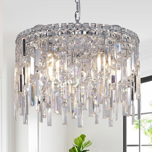Round Crystal Chandelier Modern 20" Drum Chandelier with Chain Chrome Adjustable K9 Raindrop Crystal Ceiling Pendant Fixtures 2 Tiers for Dining Room Bedroom Living Room
