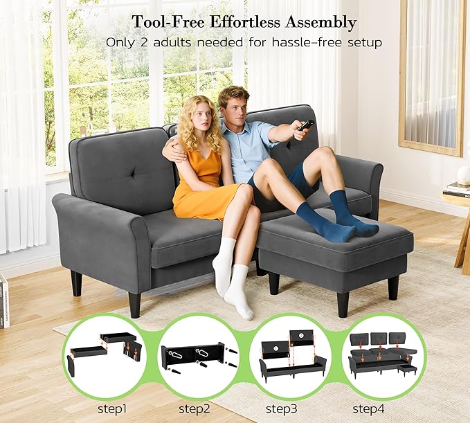 Kidirect 83" Sectional Couch, Velvet L-Shaped Couch 3 Seater Sectional Couches for Living Room, Comfy Fluffy Deep Seat Loveseat, Modular Sectional Sofa with Ottoman for Apartment Office, Grey Couch
