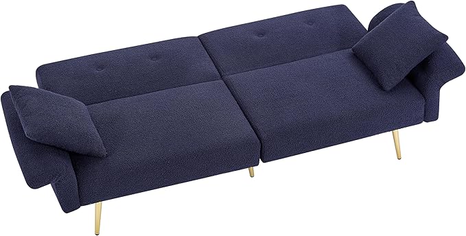 Eafurn Teddy Futon Sofa Bed Modern Folding Futon Set Convertible Recliner Lounge Sleeper Couch with Adjustable Armrest and Backrest for Living Room Apartment | Golden Legs, Wood Frame, Side Pockets