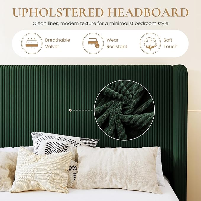 SHA CERLIN King Size Corduroy Upholstered Platform Bed Frame with Vertical Channel Tufted Wingback Headboard, 8" Under Bed Storage, Wooden Slats & Metal Frame Support, Easy Assembly, Dark Green