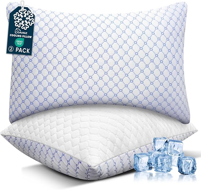 OAISZ Cooling Pillow Queen Size Set of 2, Shredded Memory Foam Bed Pillows for Sleeping, Adjustable Pillows with Cooling Cover, Soft Yet Supportive Memory Foam Pillows for Side Back Stomach Sleepers