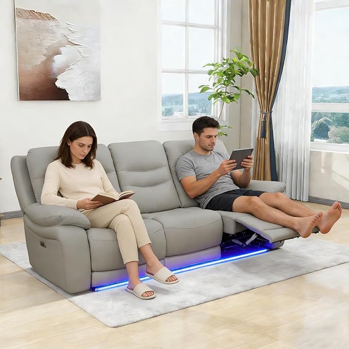 Power Recliner Sofa Set with LED, Air Leather Living Room Furniture Set, 3 Piece Couch Reclinig Furniture Set with USB Port, Cup Holders&Storage for Living Room (Light Grey)