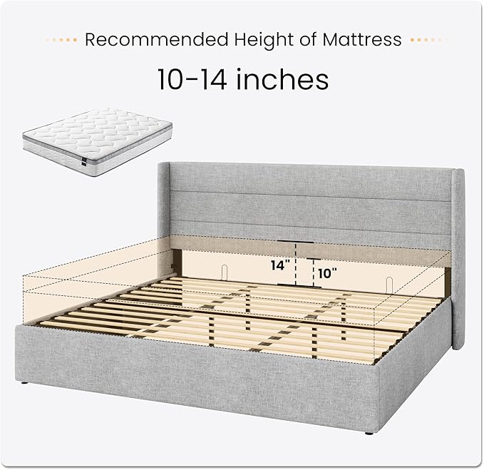 SHA CERLIN King Size Lift Up Storage Bed/Modern Wingback Headboard/Upholstered Platform Bed Frame/Hydraulic Storage/No Box Spring Needed/Wood Slats Support/Light Grey