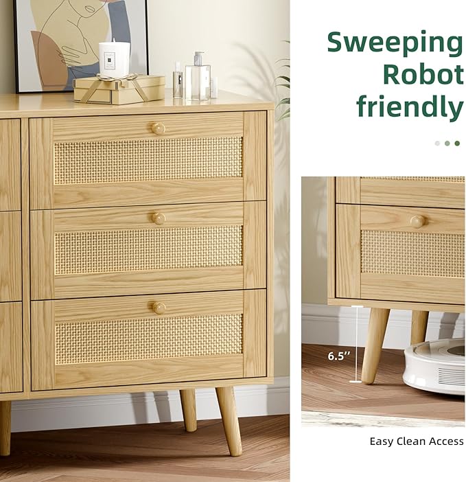 6 Drawer Rattan Dresser for Bedroom, Modern Wooden Dresser Chest with Handles for Bedroom, Hallway and Living Room, Wood Oak