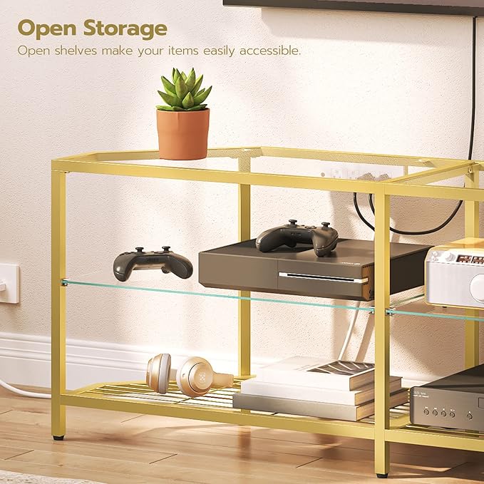 HOOBRO Corner TV Stand with Power Outlet for TVs up to 60", Modern 55" Corner TV Console Table with Open Shelves, Tempered Glass Media Entertainment Center for Living Room, Bedroom, Gold GD143UDS01