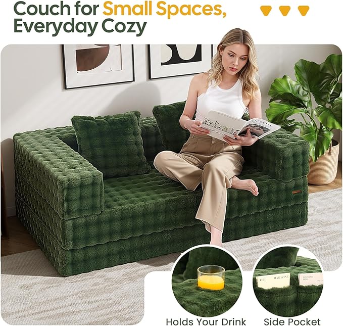COMAX Futon Sofa Bed, 4‑in‑1 Convertible Sofa Bed, Folding Boneless Couches for Living Room, Fold Out Small Foldable Loveseat Floor Sleeper Comfy Mattress Lounge Space‑Saving, Classic Green