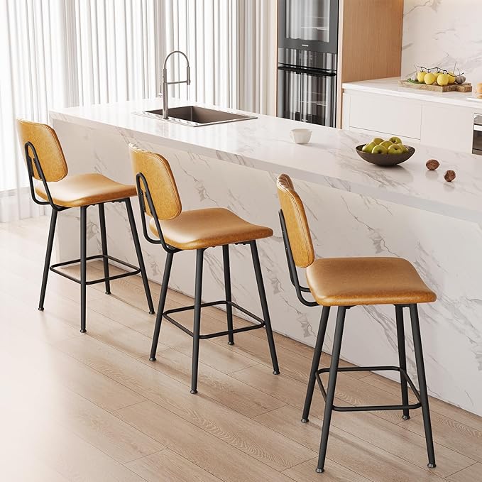 24-Inch Leather Bar Stools Set of 2, Counter Height Barstools with High Backrest，Bar Chairs for Kitchen Island with Heavy Duty Metal Legs, Brown