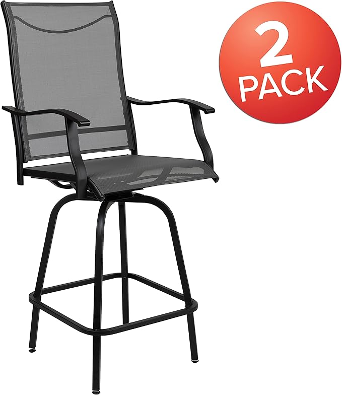 Flash Furniture Valerie All-Weather Swivel Patio Barstools with Footrest and Armrests, Modern Sling Outdoor Bar Height Stools, Set of 2, Gray