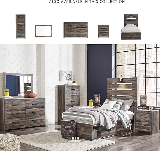Signature Design by Ashley Drystan Rustic Twin Panel Platform Bed with 4 Storage Drawers, Open Cubbies, Sconce LED Light and USB Ports, Foundation or Box Spring Not Needed, Dark Brown & Gray