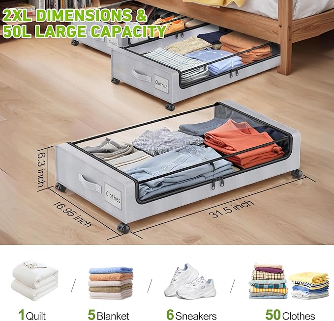 Under Bed Storage with Wheels, 4 Pack Under bed Storage Containers with Clear Lids & Zippers, Under Bed Shoe Storage Organizer, Rolling Underbed Storage for Clothes, Shoes, Blankets (Grey)