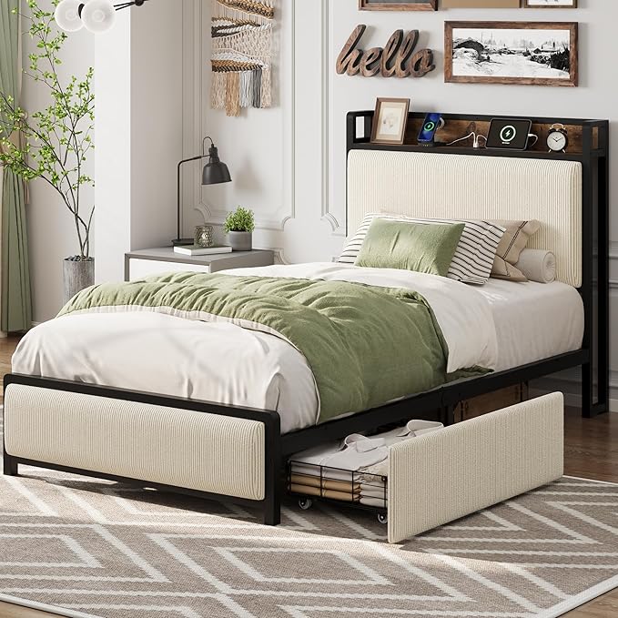 GAOMON Twin Size Bed Frame with 2 Storage Drawers and Charging Station, Rustic Velvet Upholstered Platform Bedframe with Storage Headboard, No Box Spring Needed, Easy Assembly, Noise Free, Beige