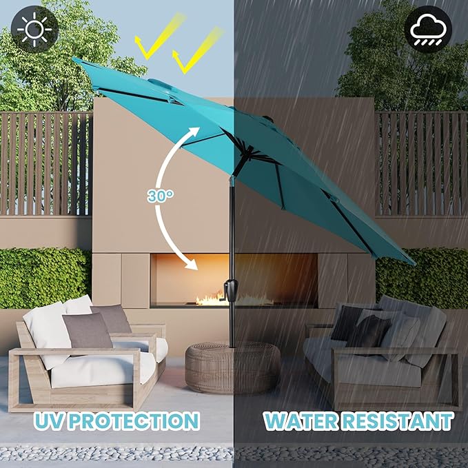 Sun-Ray 9' Round Patio Umbrella with Push-Button Tilt and Hand Crank Lift System, Market Umbrella for Porch, Deck, and Patio