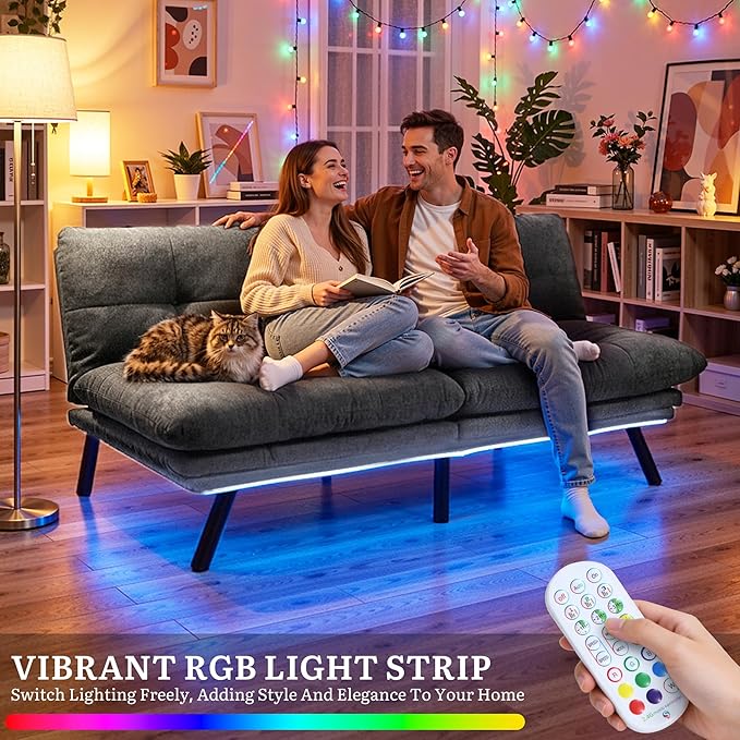 YITAHOME Convertible Futon Sofa Bed with Adjustable 3 Color Light Strip, 70" Folding Futon Set for Living Room Home Office Aprtment, Modern Futon Couch with Adjustable Backrest & Armrests, Grey