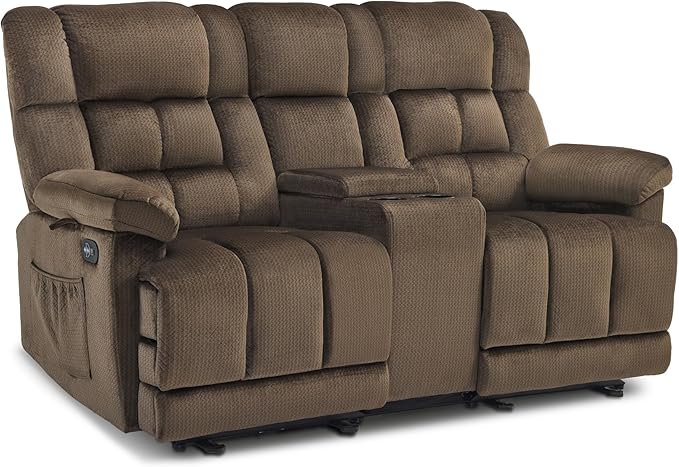 MCombo Zero Gravity Power Loveseat Recliner with Console, Heat and Vibration Massage, Reclining Loveseat Sofa with USB Ports, Cup Holders for Living Room, Fabric RS6234 (Dark Brown)