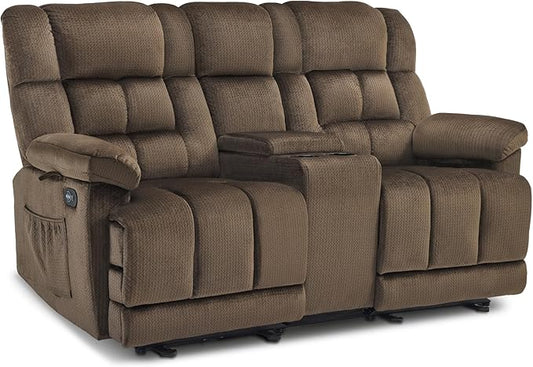 MCombo Zero Gravity Power Loveseat Recliner with Console, Heat and Vibration Massage, Reclining Loveseat Sofa with USB Ports, Cup Holders for Living Room, Fabric RS6234 (Dark Brown)