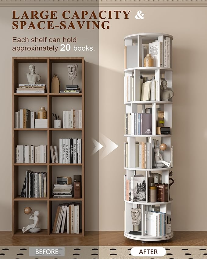 6-Tier Solid Wood Rotating Bookshelf on Wheels, 360° Spinning Book Shelf Tower, Round Revolving Bookcase Organizer, Rolling Bookshelves for Small Spaces, Corner, Bedroom, Kids Room, Office, White