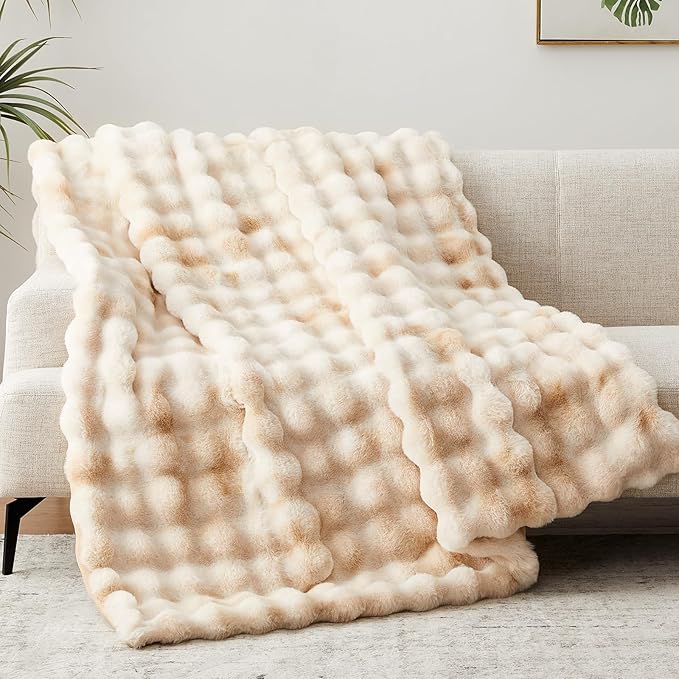 Faux Fur Throw Blanket, 1000GSM Fluffy Soft Bubble Blanket for Couch Bed, Cozy Plush Warm and Thick Blanket, Fuzzy Rabbit Throw for Living Room Bedroom 90''*104'' Tie-dye Camel